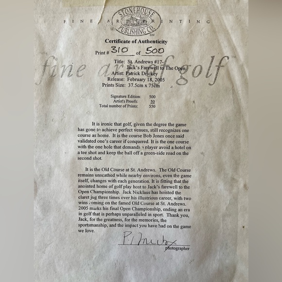 PATRICK DRICKEY SIGNED FRAMED PRINT GOLF JACK NICKLAUS ST. ANDREWS 2005 OPEN - Picture 8 of 15